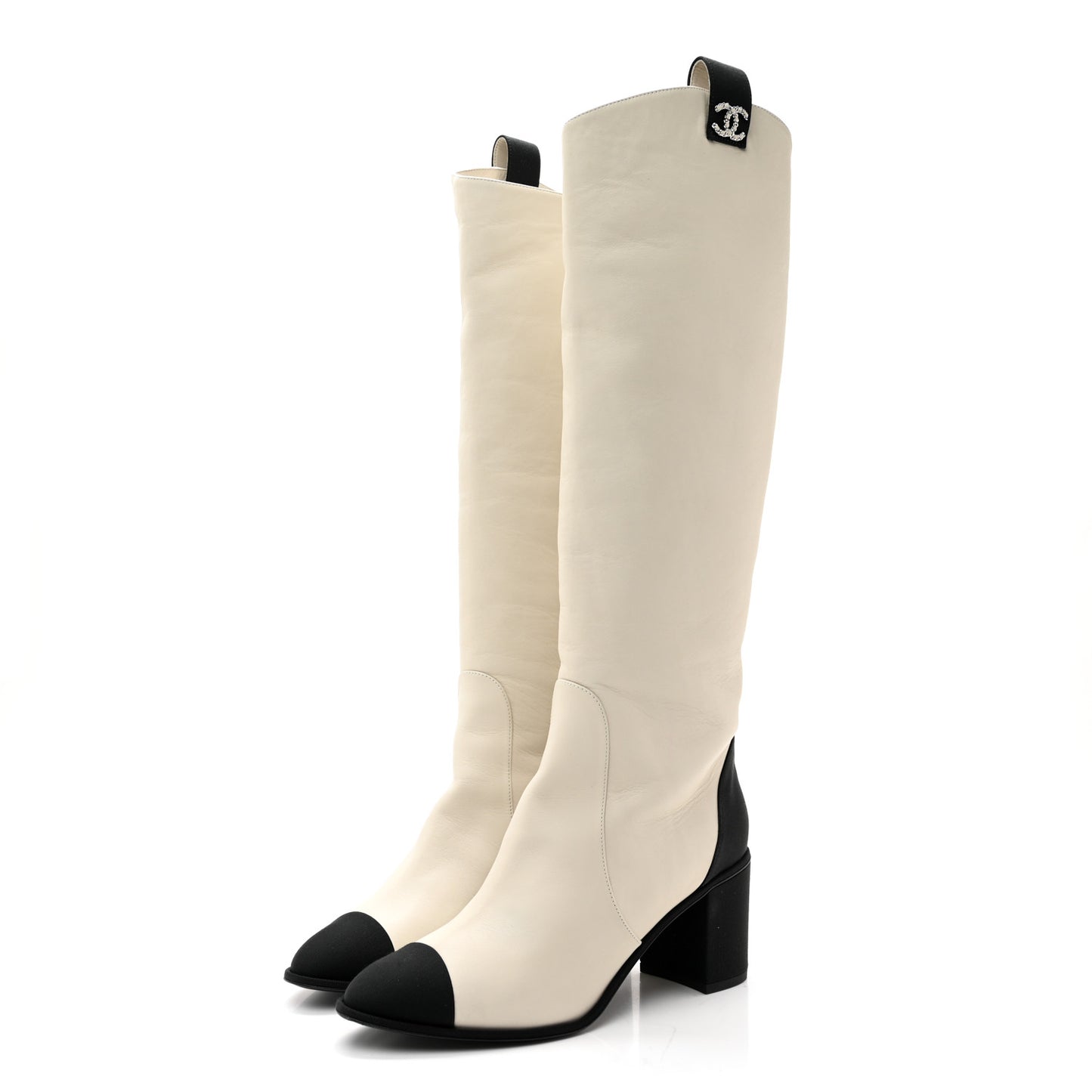 Calfskin Grosgrain Cap Toe Knee High Boots 39.5 White Black