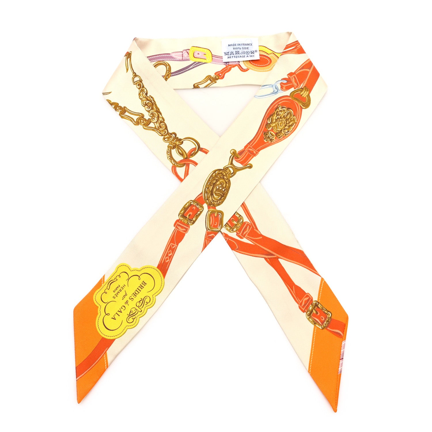 Hermes Silk Brides De Gala Applique Pique Twilly  Creme Orange Jaune 1 of 3