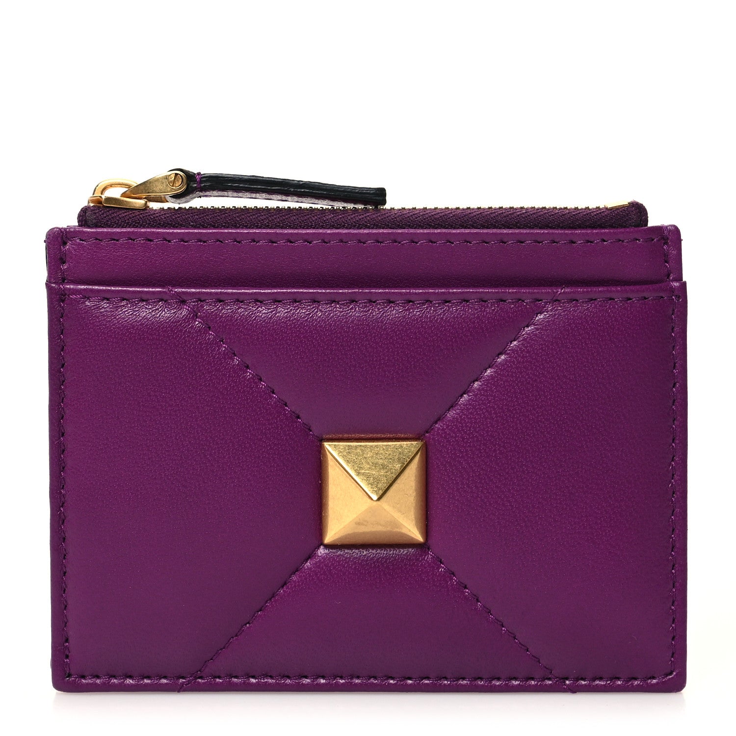 Valentino Garavani Nappa Roman Stud Zip Card Holder Prune 1 of 9
