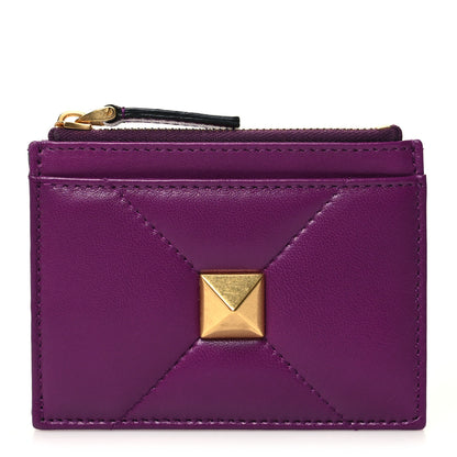 Valentino Garavani Nappa Roman Stud Zip Card Holder Prune 1 of 9