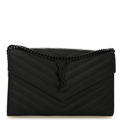 Saint Laurent Grain De Poudre Matelasse Chevron Monogram Monochrome Chain Wallet Black 1 of 11