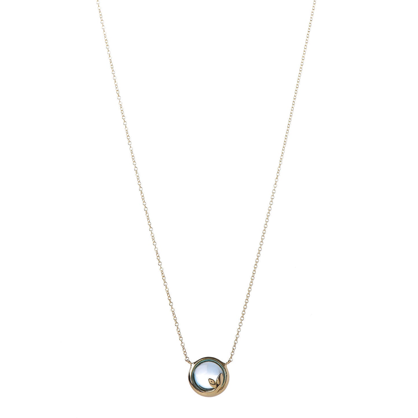 18K Yellow Gold Blue Topaz Olive Leaf Pendant Necklace