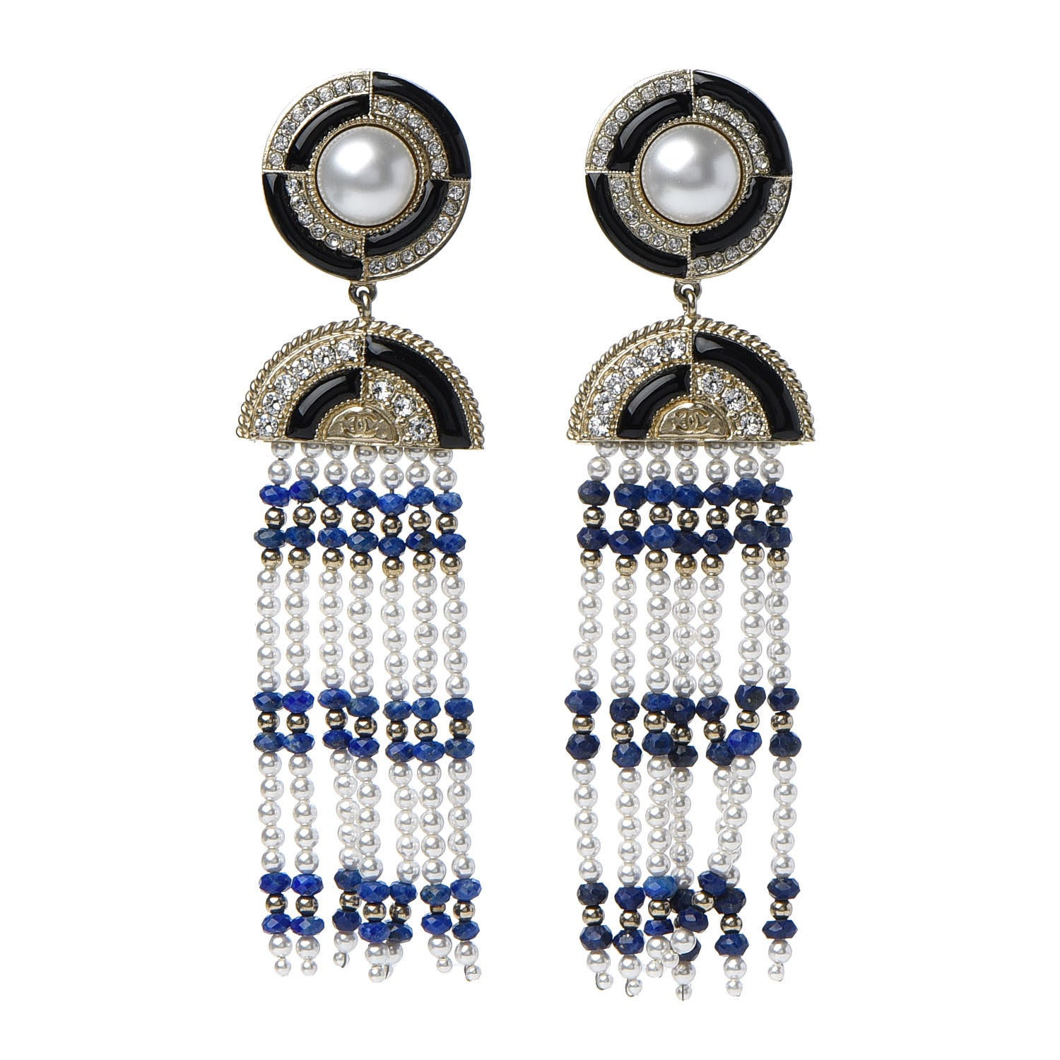 Chanel Resin Pearl Crystal Ramses Jewels Drop Earrings Gold Blue 1 of 5