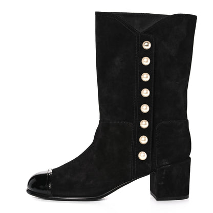 Chanel Suede Calfskin Patent Pearl Cap Toe Boots 41 Black 2 of 8
