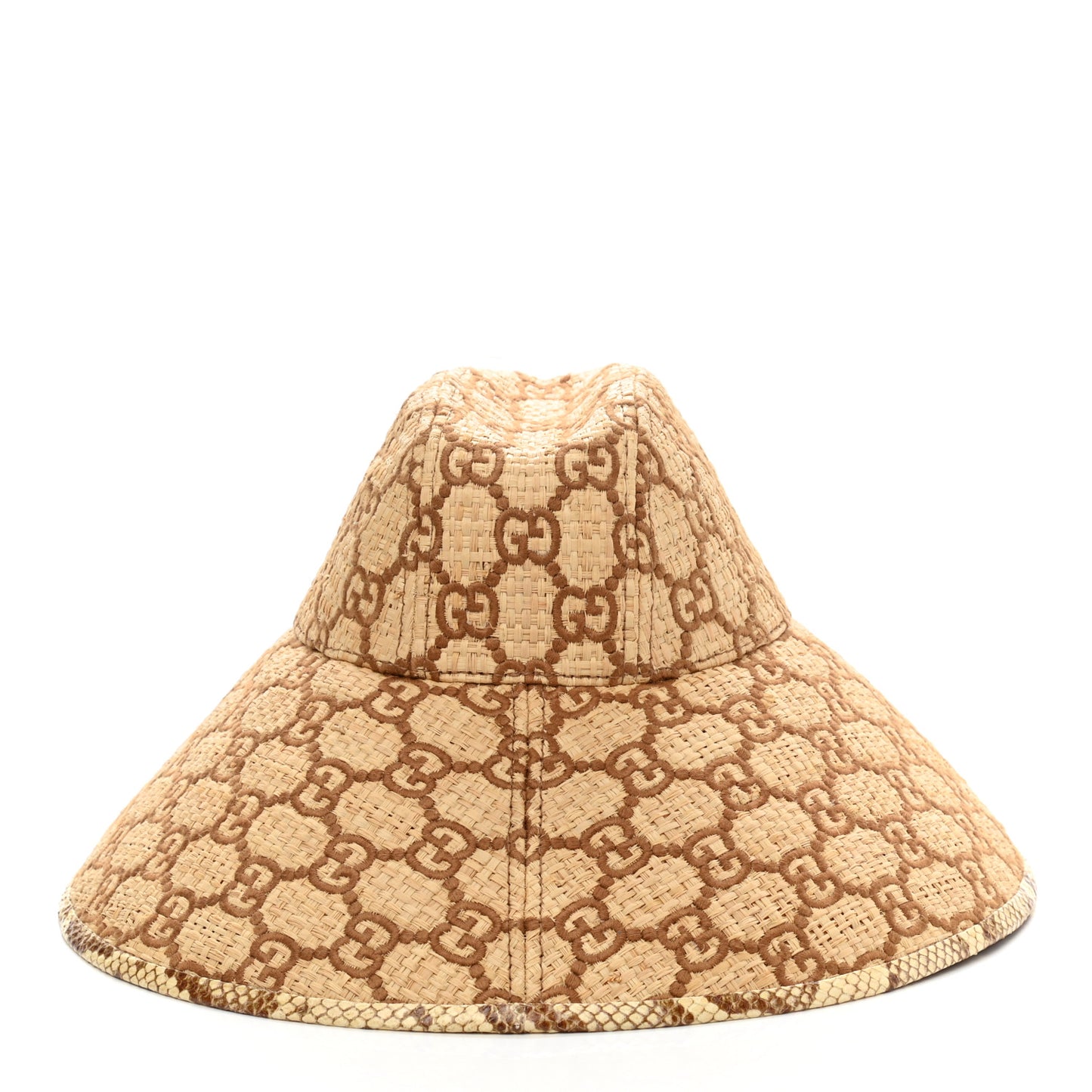 Raffia Elaphe GG Monogram Embroidered Wide Brim Hat Ivory Dark Brown