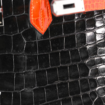 Hermes Shiny Porosus Crocodile Birkin 40 Black Orange 40 of 43