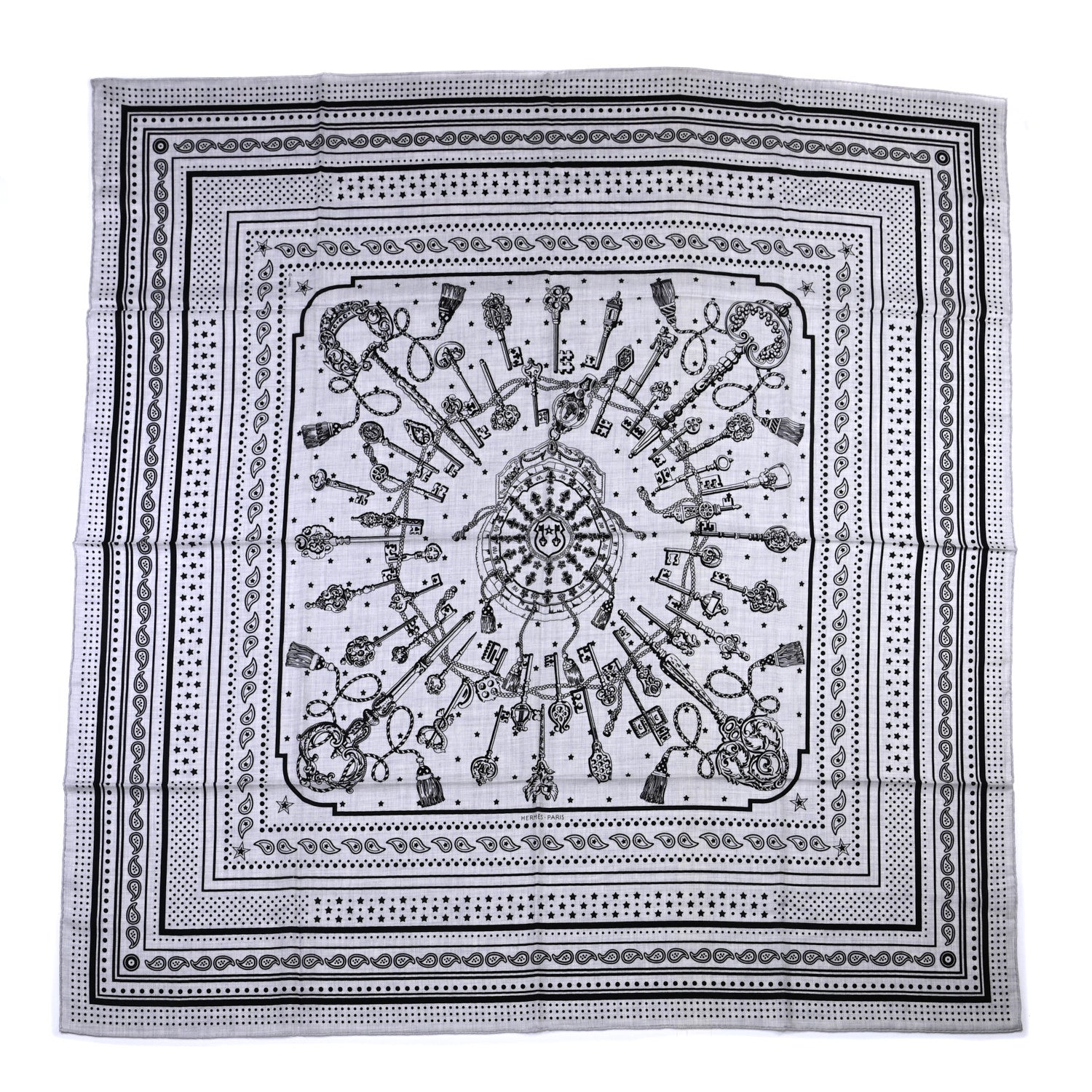 Hermes Cashmere Silk Les Cles Bandana Shawl 140 Gris Chine Black 1 of 5