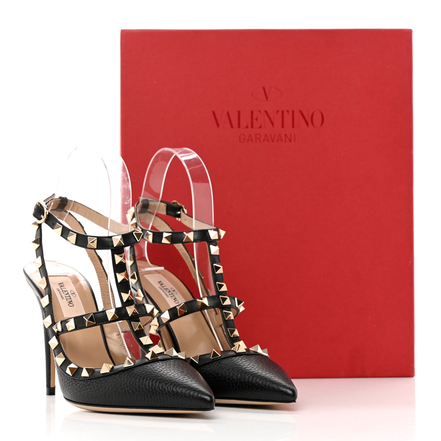 Pebbled Calfskin Rockstud Ankle Strap 100mm Pumps 36.5 Black