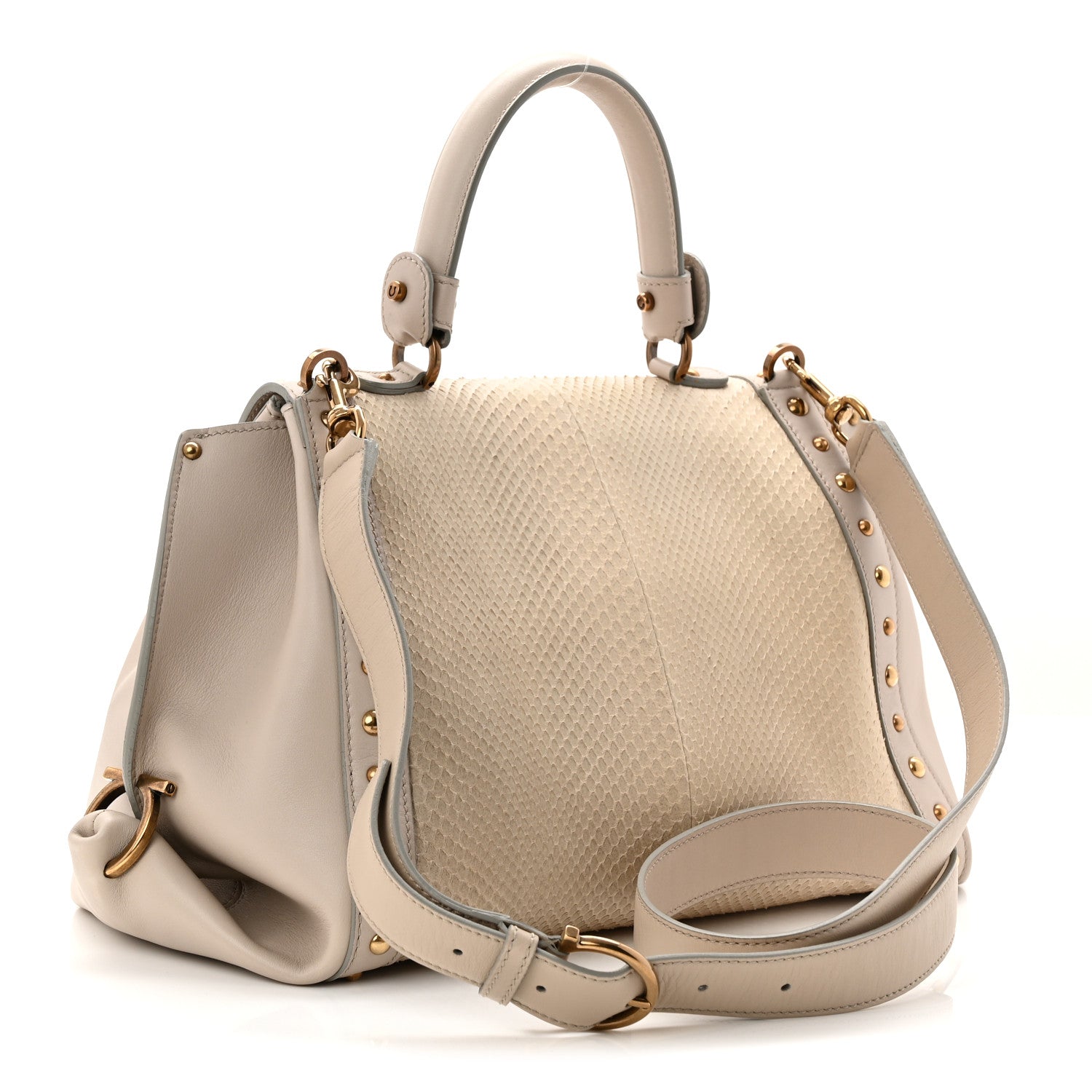 Salvatore Ferragamo Snakeskin Studded Medium Sofia Satchel Beige White 3 of 9