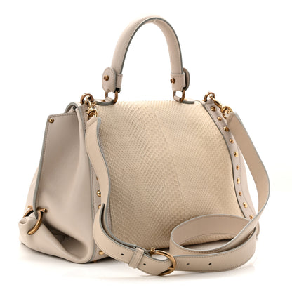 Salvatore Ferragamo Snakeskin Studded Medium Sofia Satchel Beige White 3 of 9
