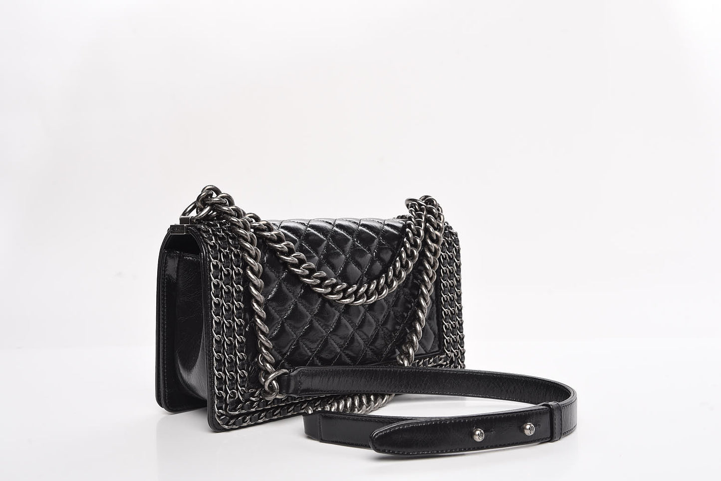 Glazed Calfskin Quilted Medium Boy Chained Flap Black