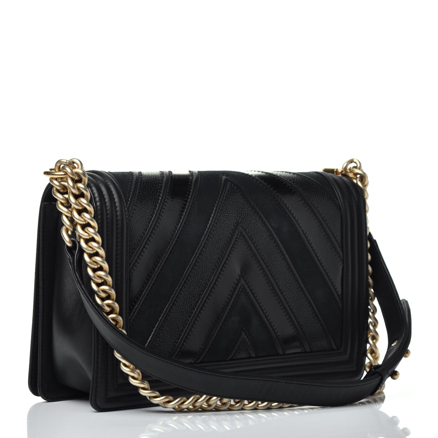 Calfskin Caviar Suede Chevron New Medium Boy Flap Black