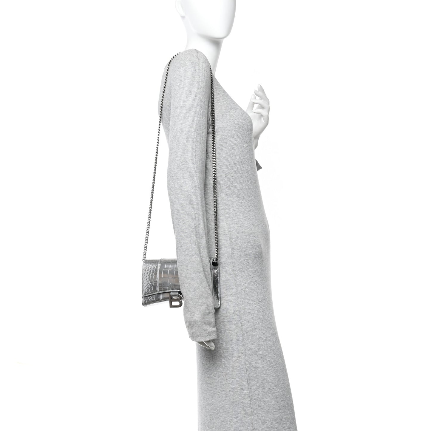 Metallic Calfskin Crocodile Embossed Hourglass Chain Bag Silver