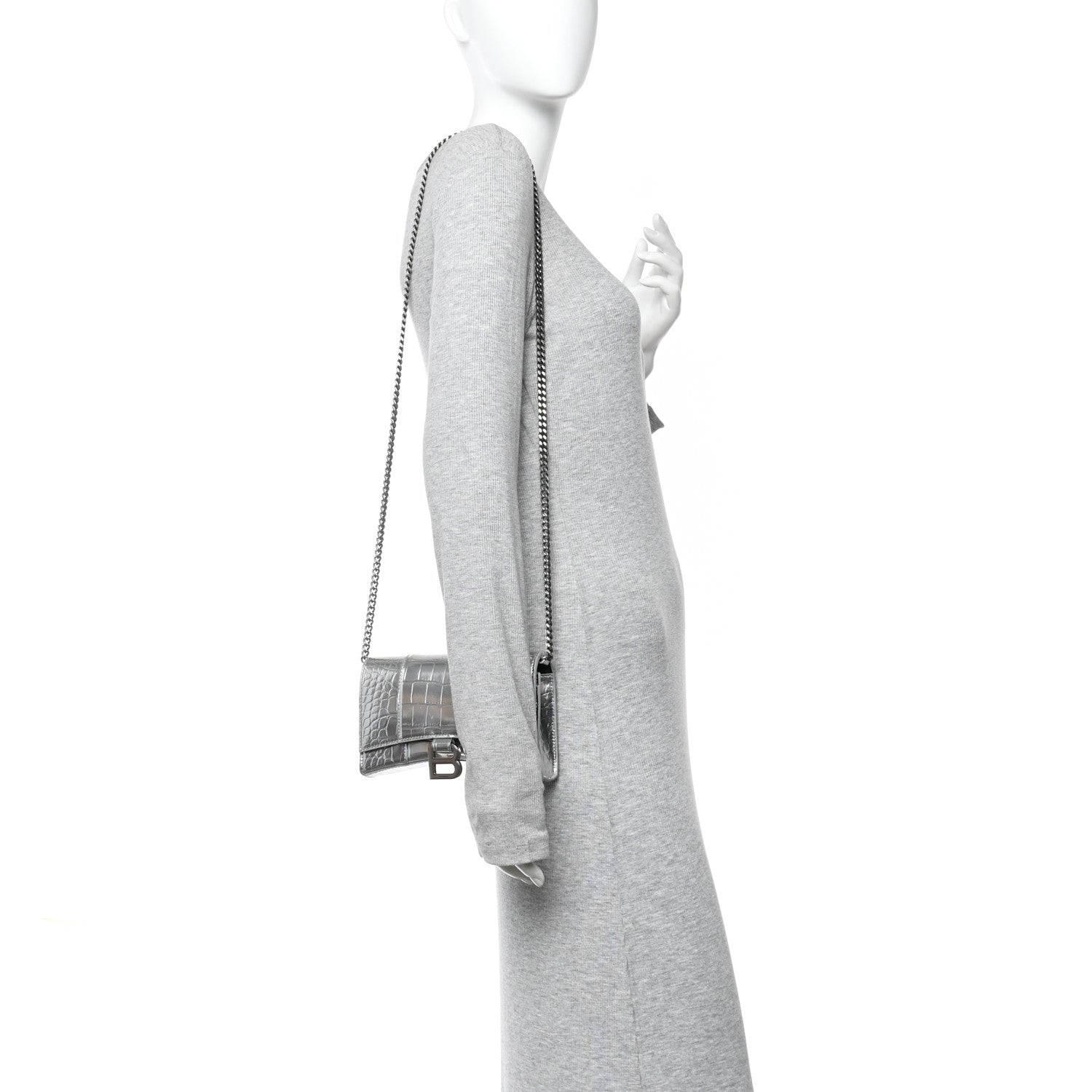 Balenciaga Metallic Calfskin Crocodile Embossed Hourglass Chain Bag Silver 2 of 11