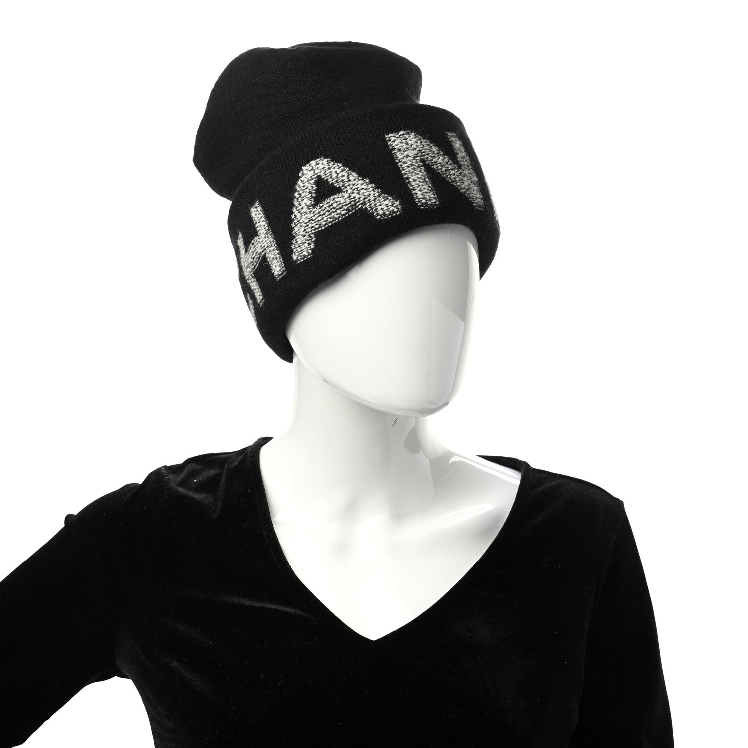 Chanel Wool Cashmere Logo Beanie Hat Black Light Grey 2 of 4