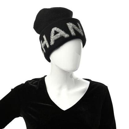 Chanel Wool Cashmere Logo Beanie Hat Black Light Grey 2 of 4