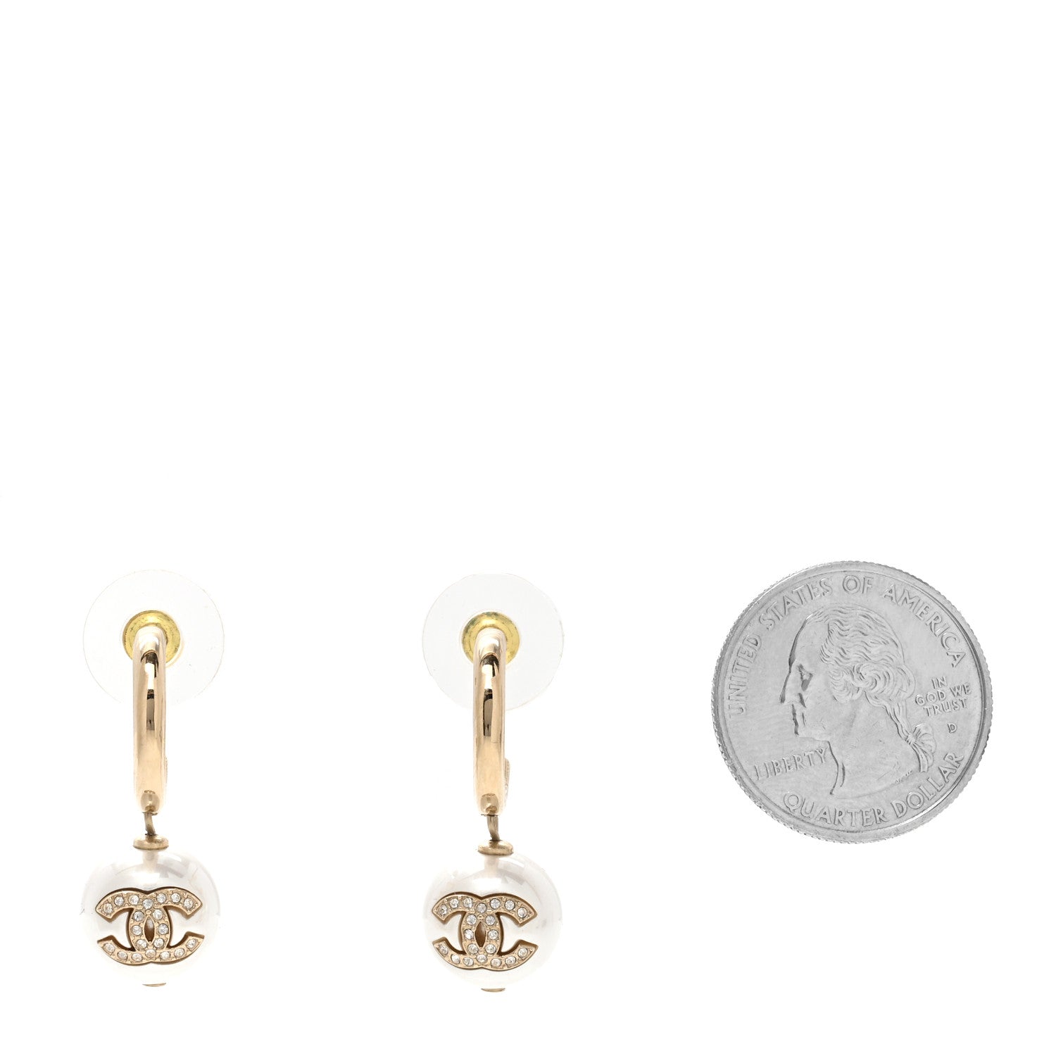 Chanel Pearl Crystal CC Drop Earrings Gold Pearly White 2 of 4