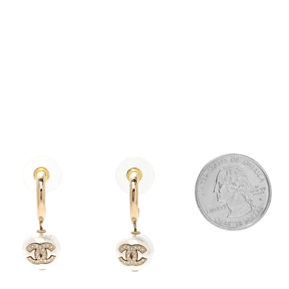 Chanel Pearl Crystal CC Drop Earrings Gold Pearly White 2 of 4