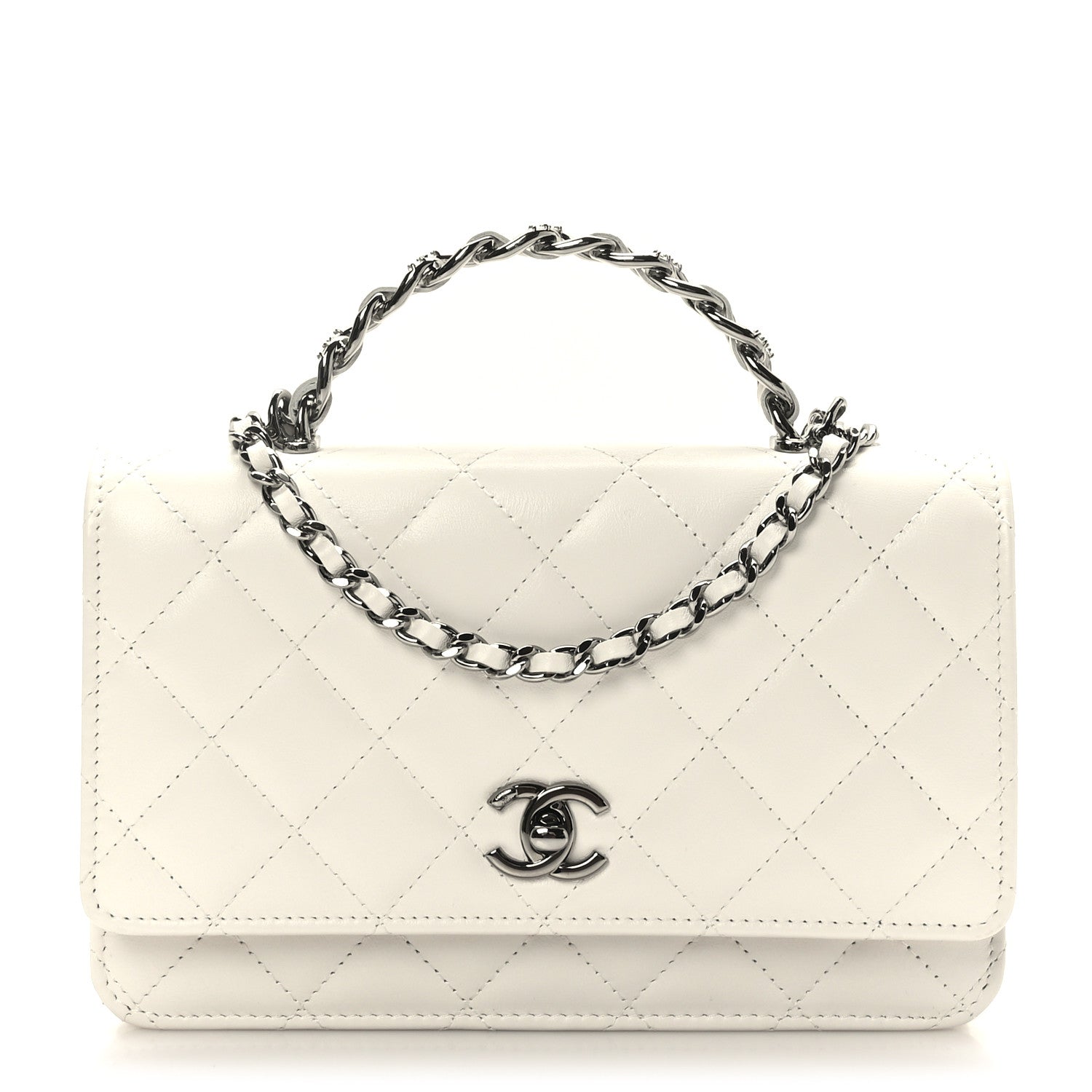 Chanel Shiny Crumpled Calfskin Strass Quilted Top Handle Clutch With Chain White 1 of 11