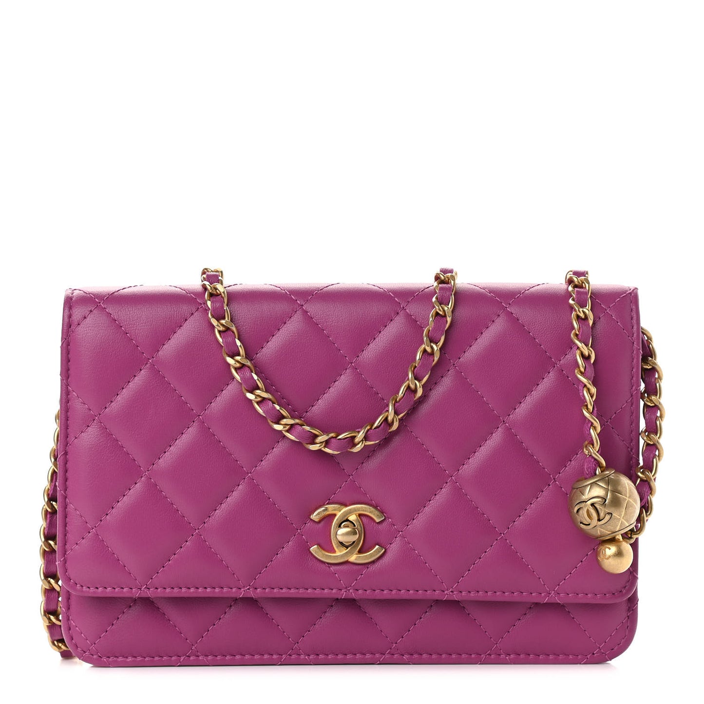 Lambskin Quilted Pearl Crush Wallet on Chain WOC Pink