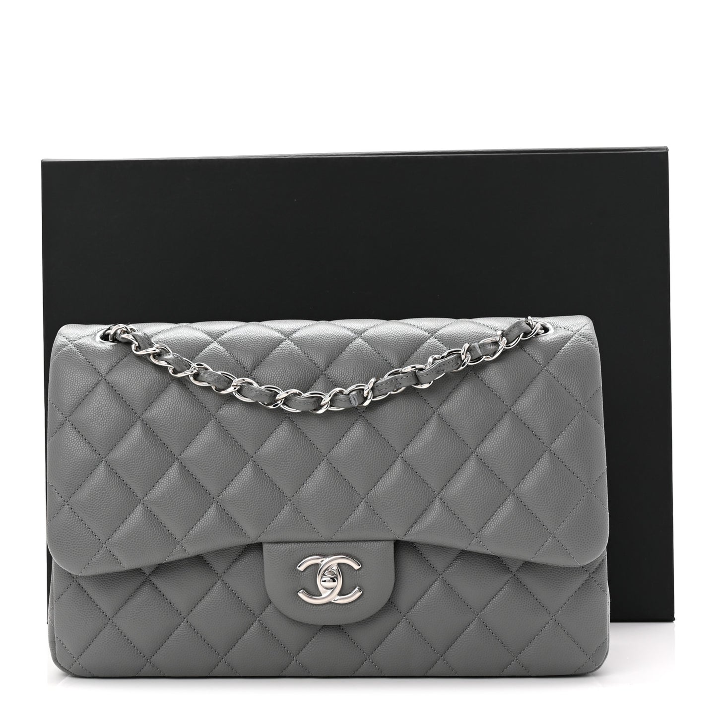 Caviar Quilted Jumbo Double Flap Grey