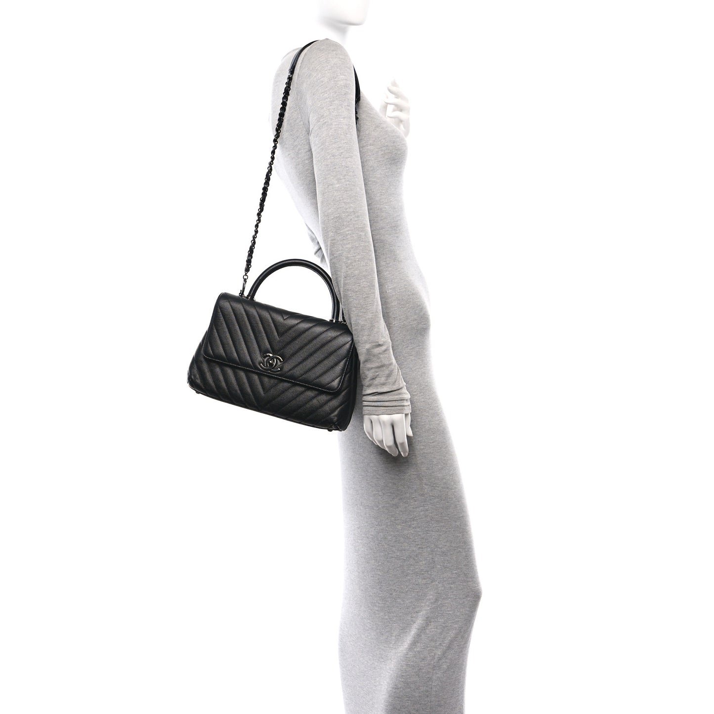 Caviar Chevron Quilted Small Coco Handle Flap So Black