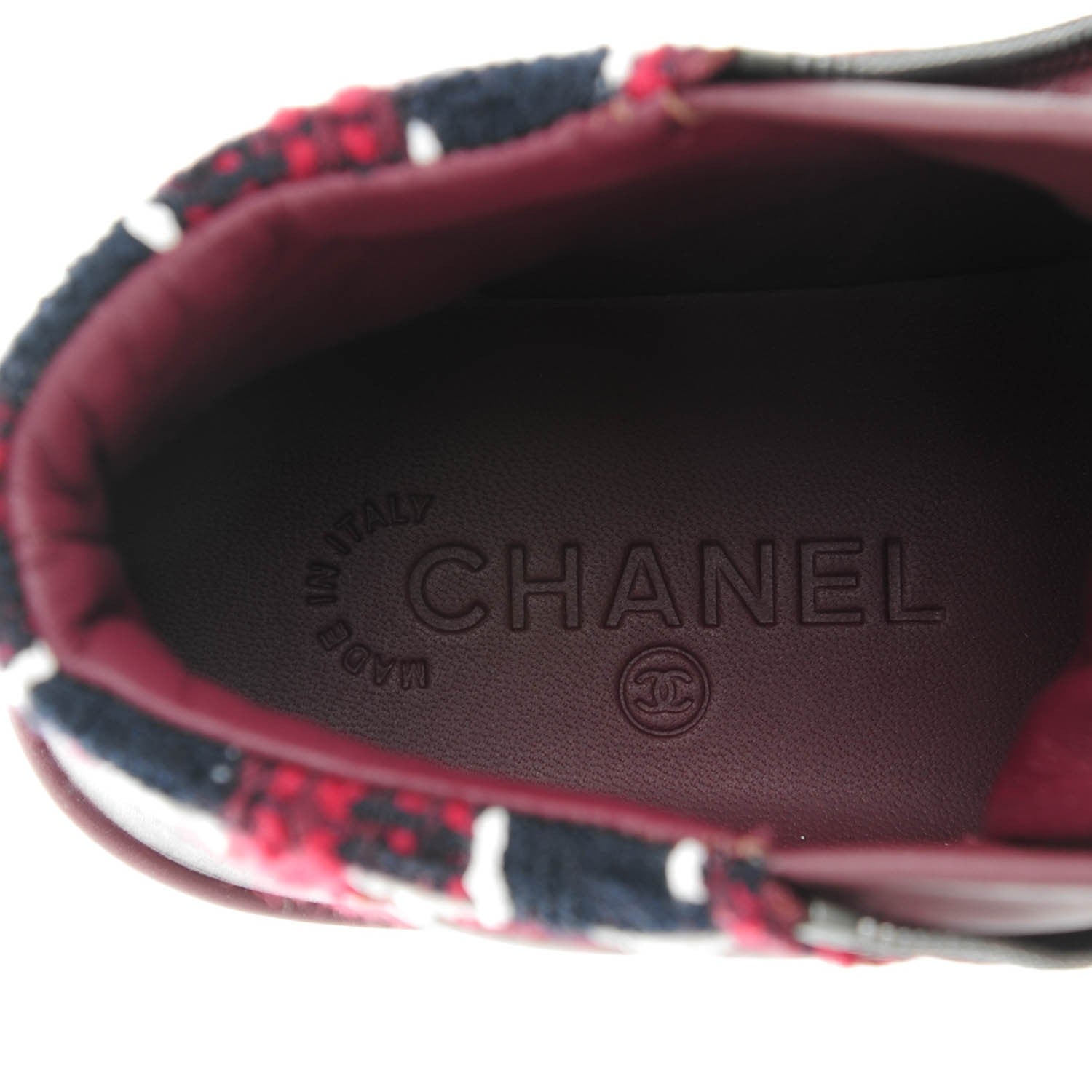 Chanel Lambskin Tweed Chain CC Sneakers 36 Burgundy Navy White 7 of 9