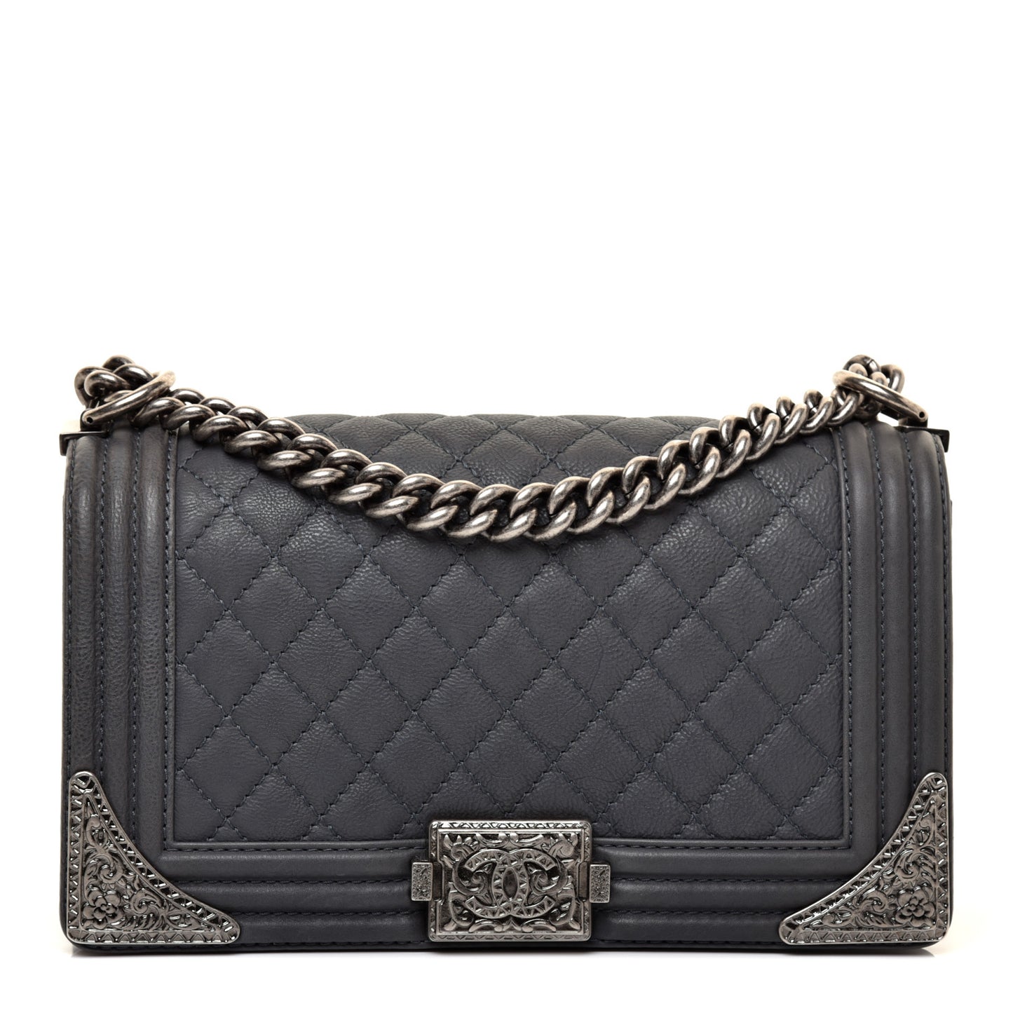 Calfskin Quilted Metal Embellished Paris Dallas Medium Boy Flap Grey