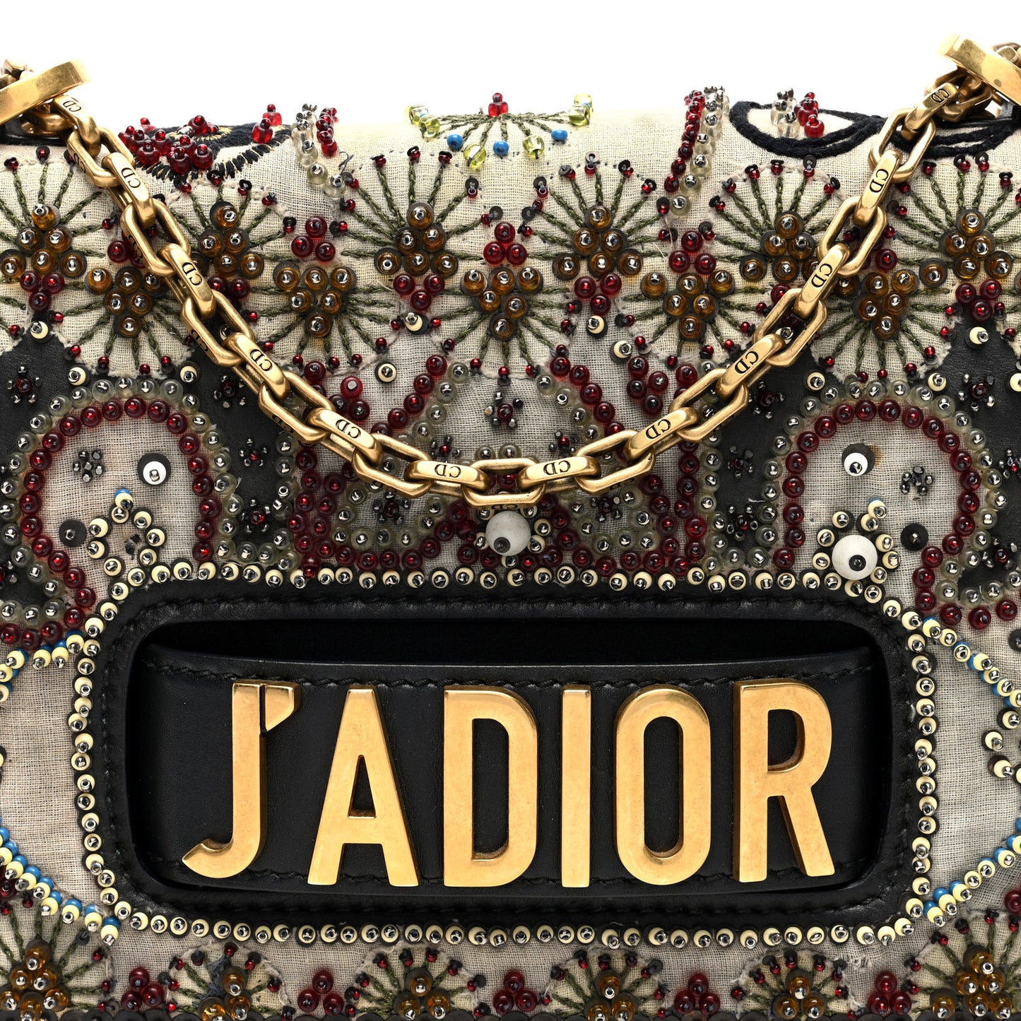 Calfskin Bead Embroidered J Adior Chain Flap Bag Black Multicolor