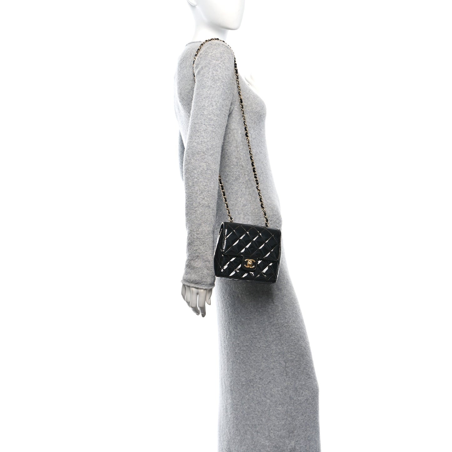 Patent Calfskin Quilted Mini Square Flap Black