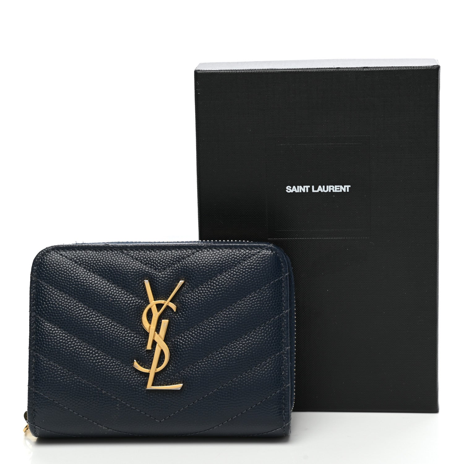 Saint Laurent Grain De Poudre Matelasse Chevron Monogram Compact Zip Around Wallet Deep Marine 12 of 12