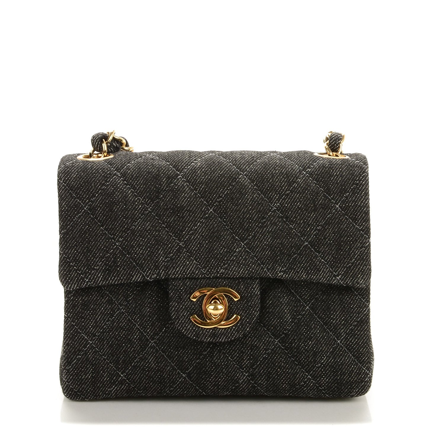 Denim Quilted Mini Square Flap Black