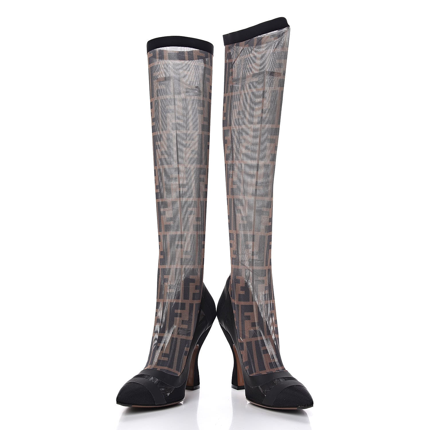 Fendi Technical Mesh FF Colibri High Heel Knee High Boots 37 Black Tobacco 10 of 12
