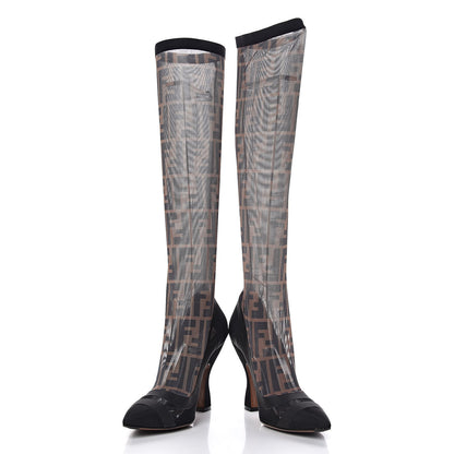 Fendi Technical Mesh FF Colibri High Heel Knee High Boots 37 Black Tobacco 10 of 12
