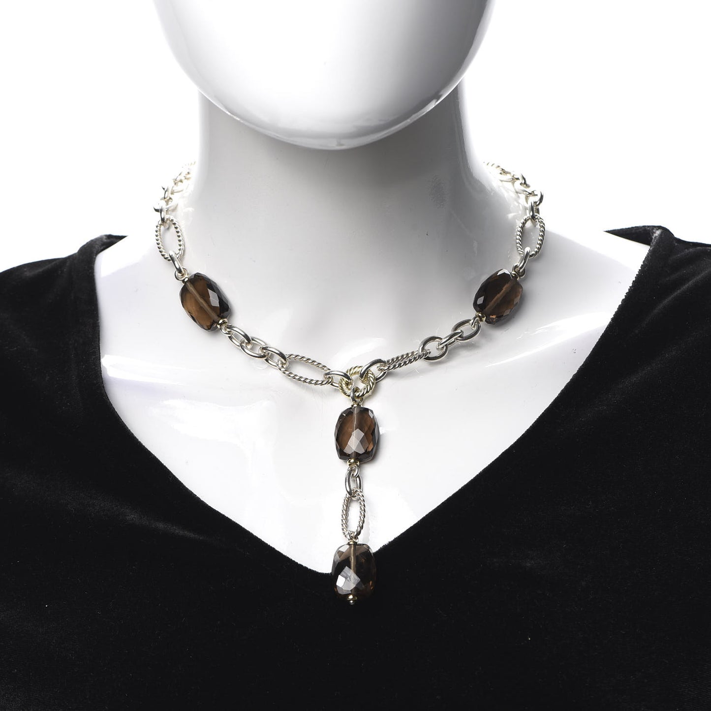 Sterling Silver 18K Yellow Gold Smoky Quartz Figaro Link Pendant Necklace