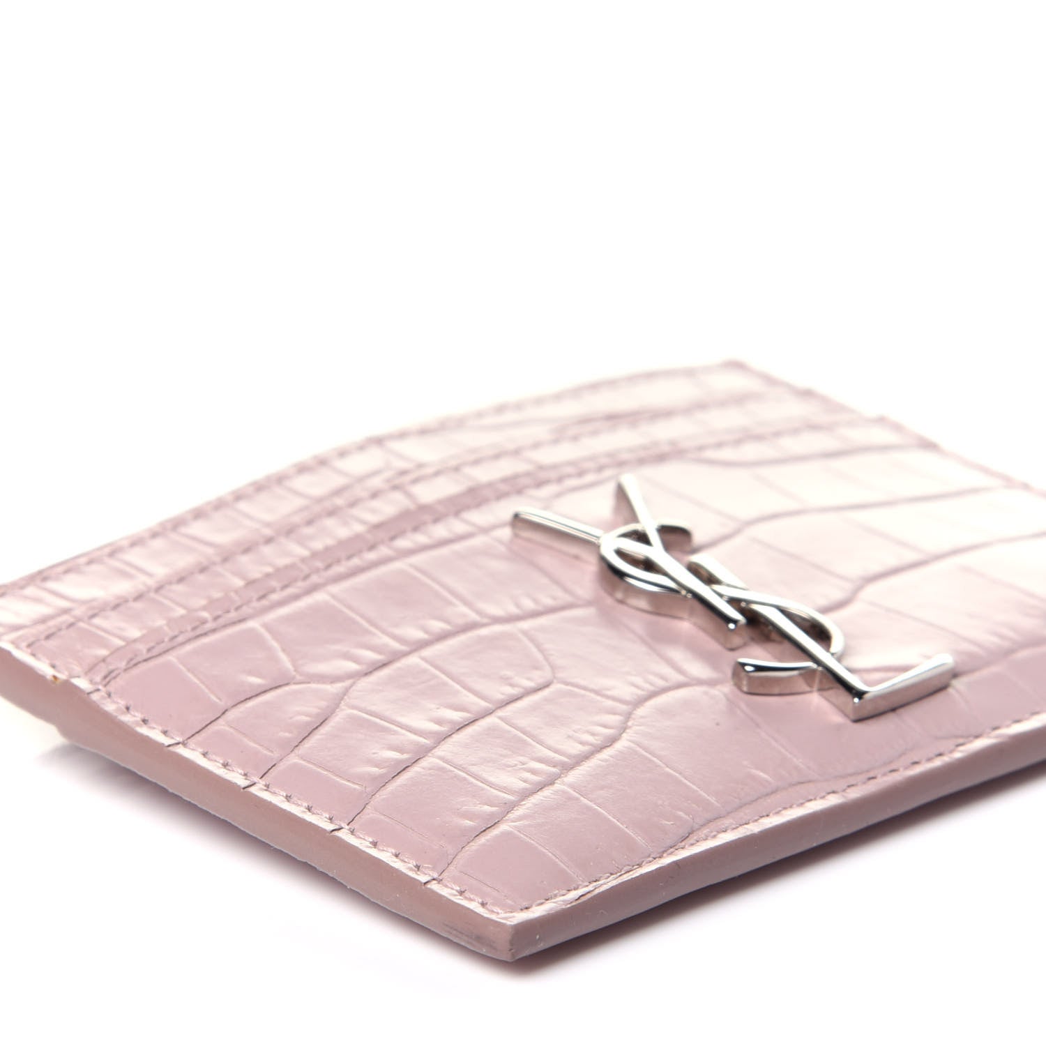 Saint Laurent Calfskin Crocodile Embossed Monogram Card Case Rose Antic 8 of 10
