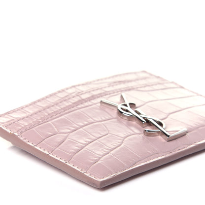 Saint Laurent Calfskin Crocodile Embossed Monogram Card Case Rose Antic 8 of 10