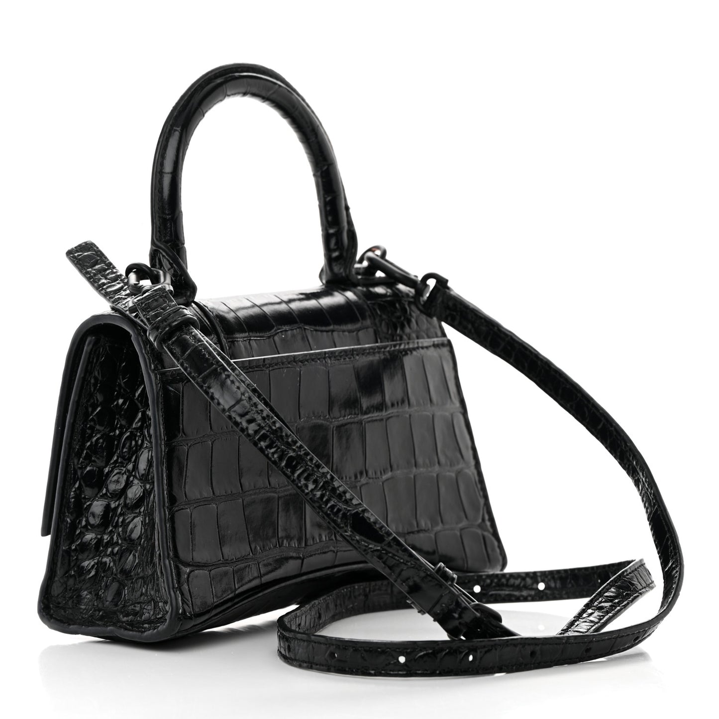 Shiny Calfskin Monochrome Crocodile Embossed Hourglass Top Handle Bag XS Black