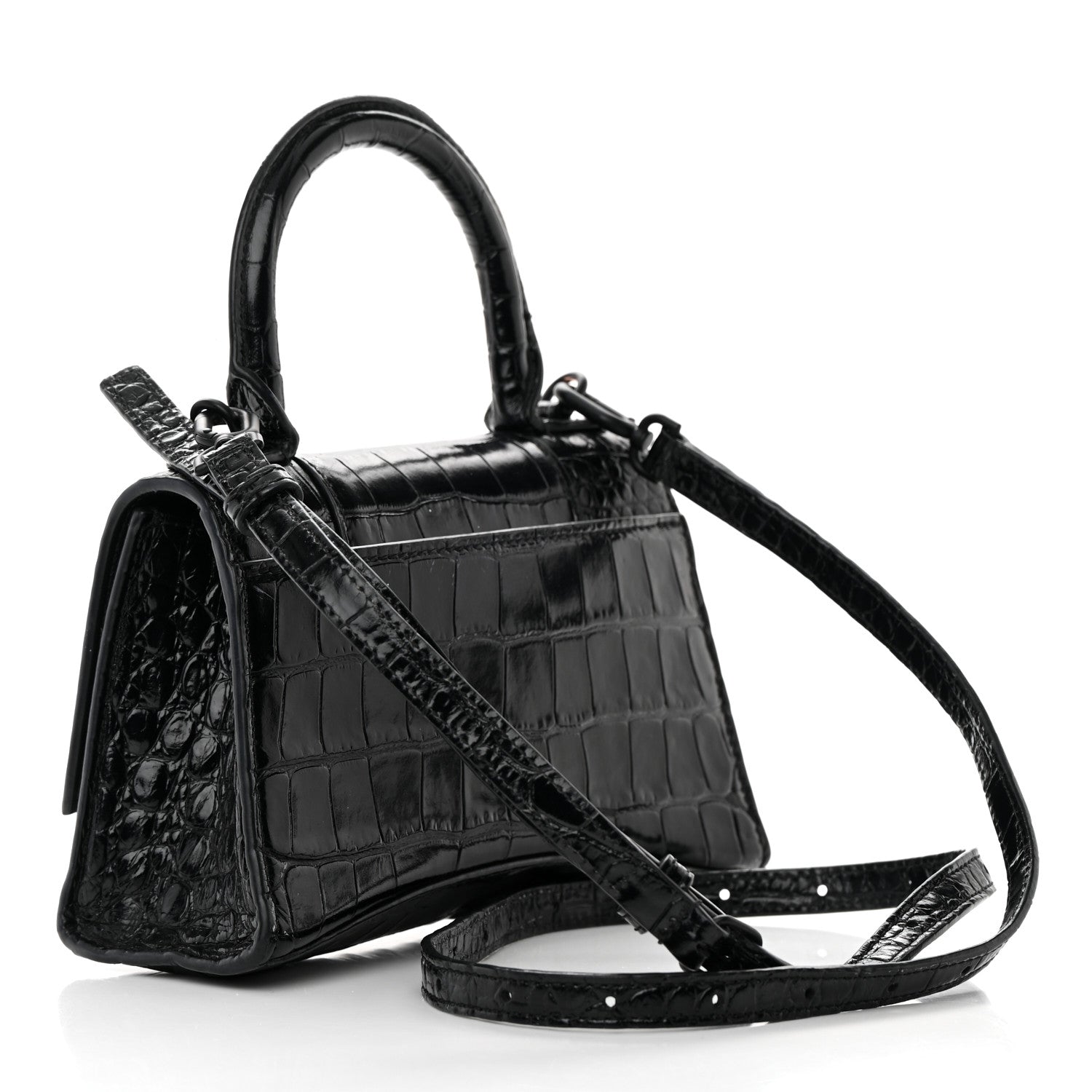 Balenciaga Shiny Calfskin Monochrome Crocodile Embossed Hourglass Top Handle Bag XS Black 3 of 25