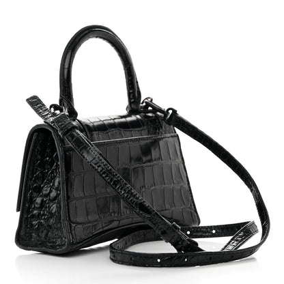 Balenciaga Shiny Calfskin Monochrome Crocodile Embossed Hourglass Top Handle Bag XS Black 3 of 25