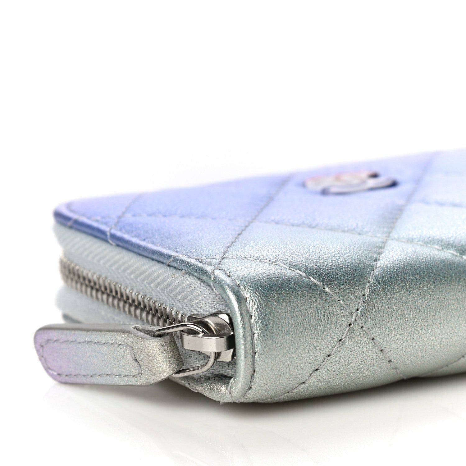 Chanel Gradient Metallic Calfskin Quilted Zip Around Coin Purse Wallet Silver Blue Yellow Purple 9 of 11