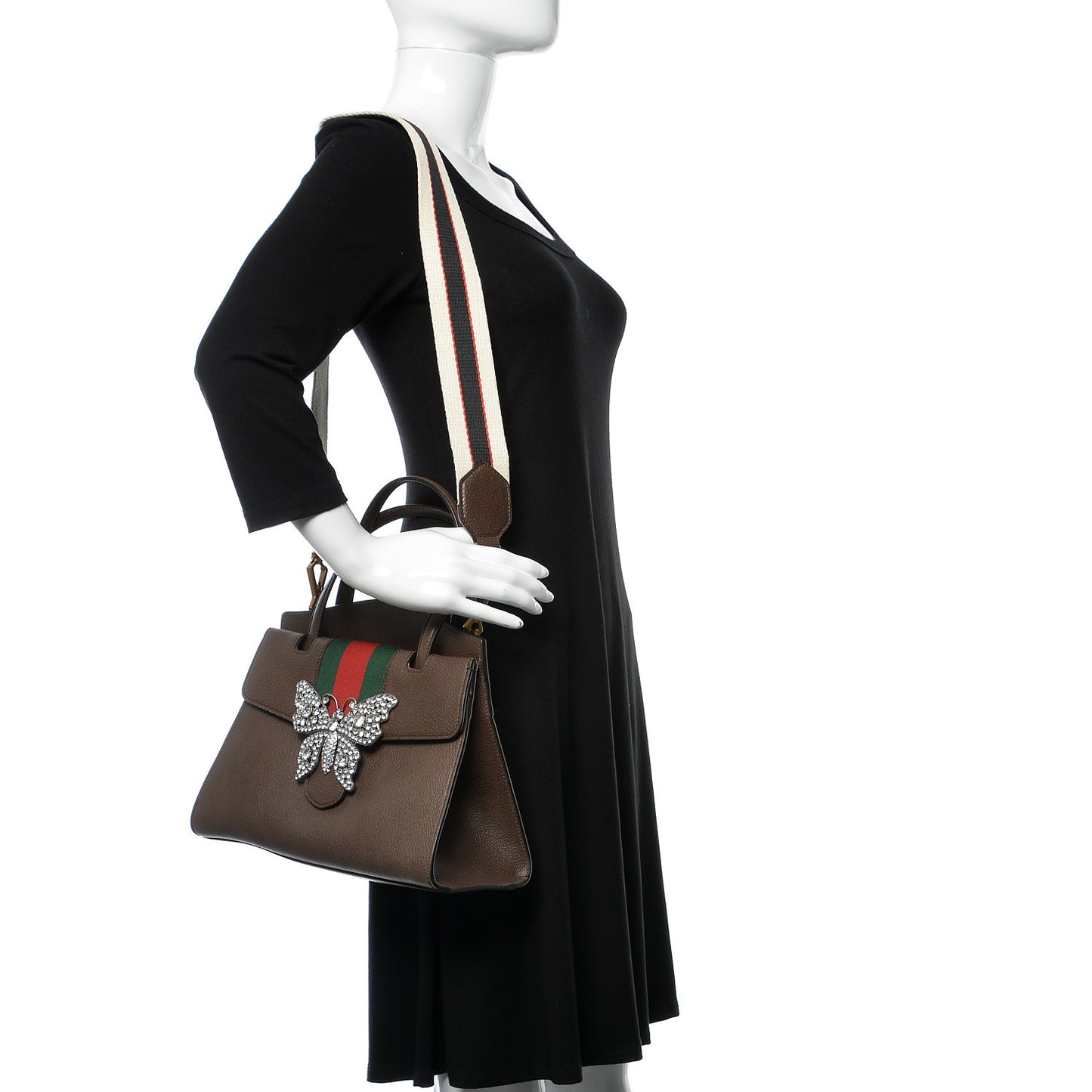 Textured Calfskin Web Crystal Butterfly Stripe Medium Totem Top Handle Bag New Acero