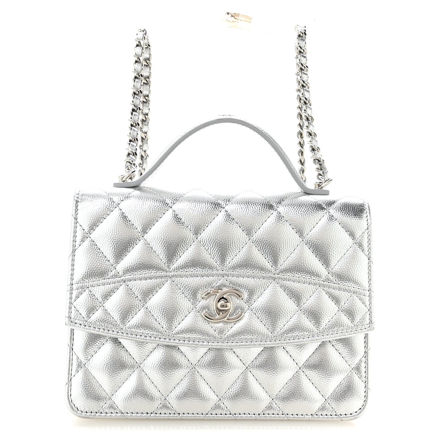 Metallic Caviar Quilted Top Handle Wallet on Chain WOC Silver
