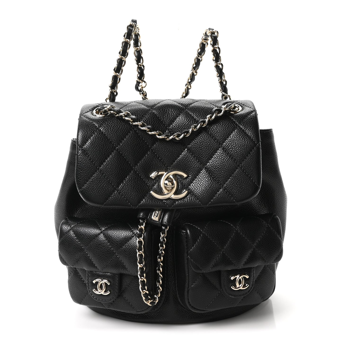 Shiny Caviar Quilted Small Duma Pockets Drawstring Backpack Black