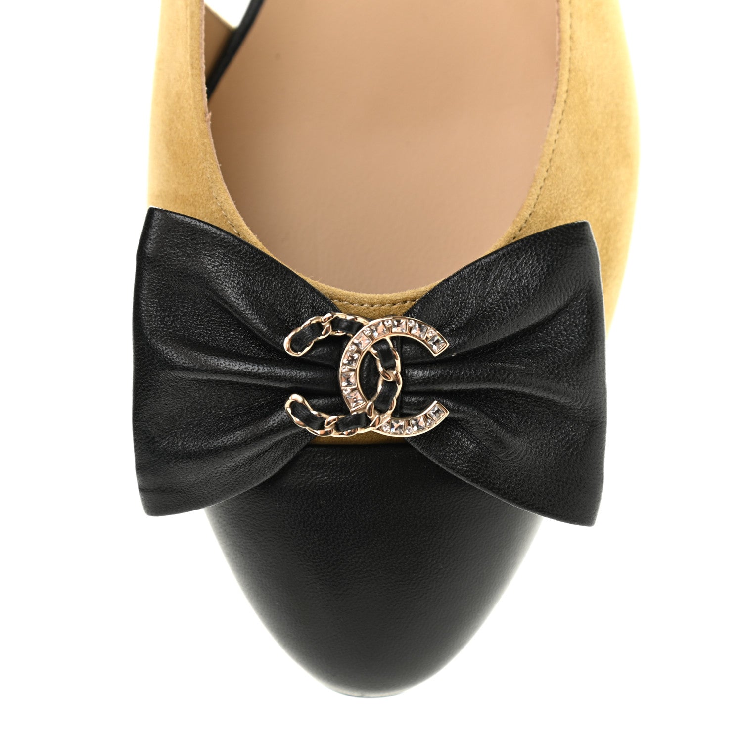 Chanel Suede Calfskin Lambskin Crystal Bow CC Ballerina Flats 36.5 Beige Black 9 of 9