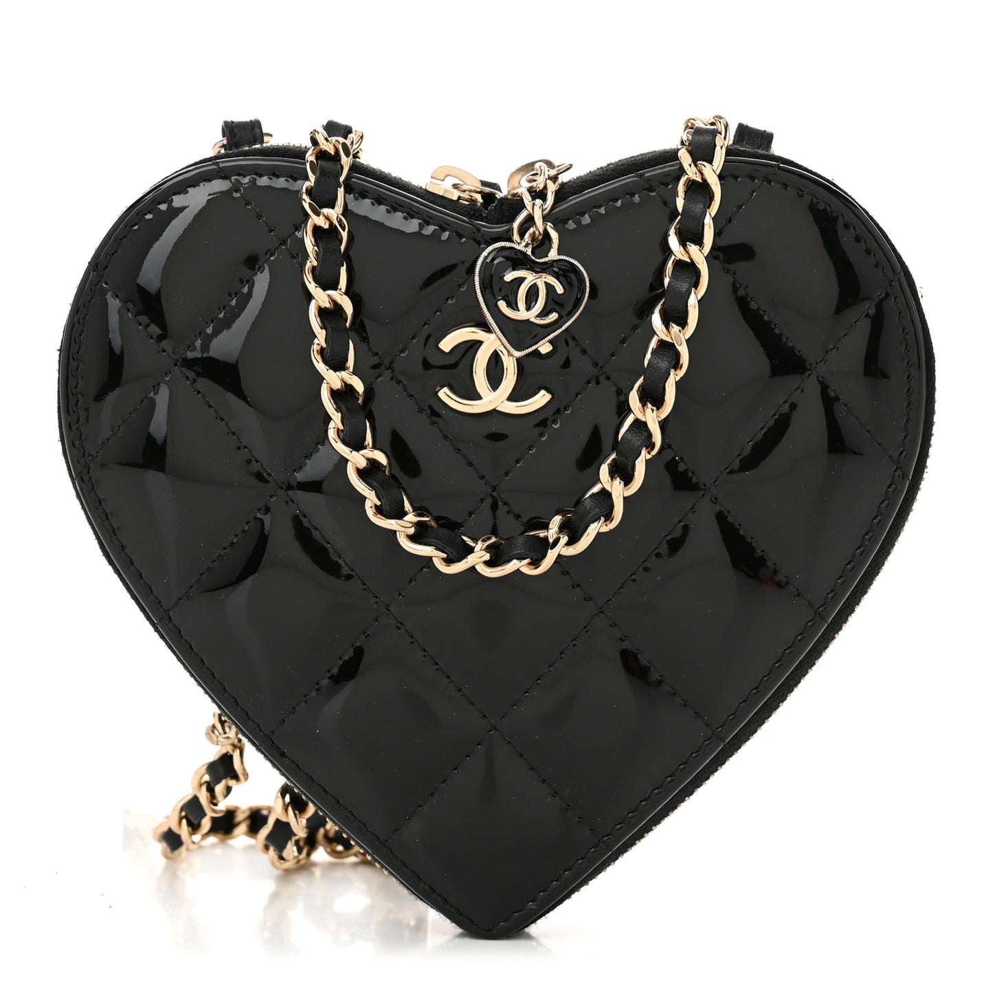 Patent Calfskin Resin Quilted CC Heart Clutch With Chain Black