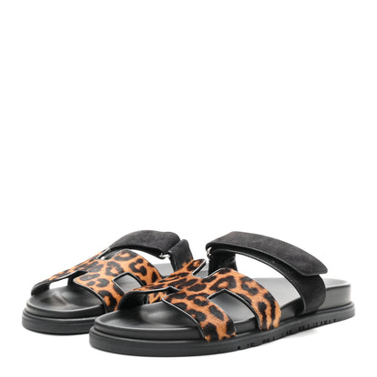 Hermes Moire Calfskin Suede Goatskin Womens Leopard Chypre Sandals 40 Gold Black 4 of 9