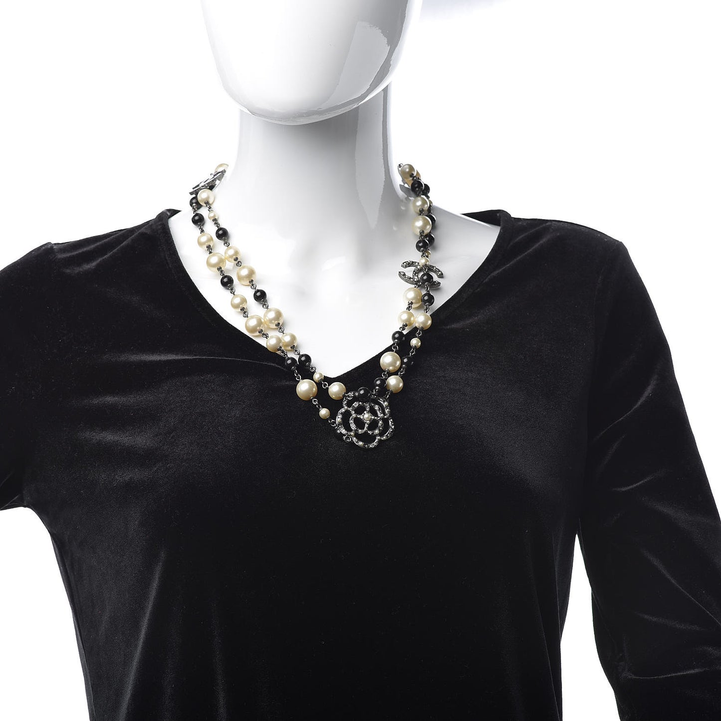 Pearl Crystal Camellia CC Long Necklace Silver