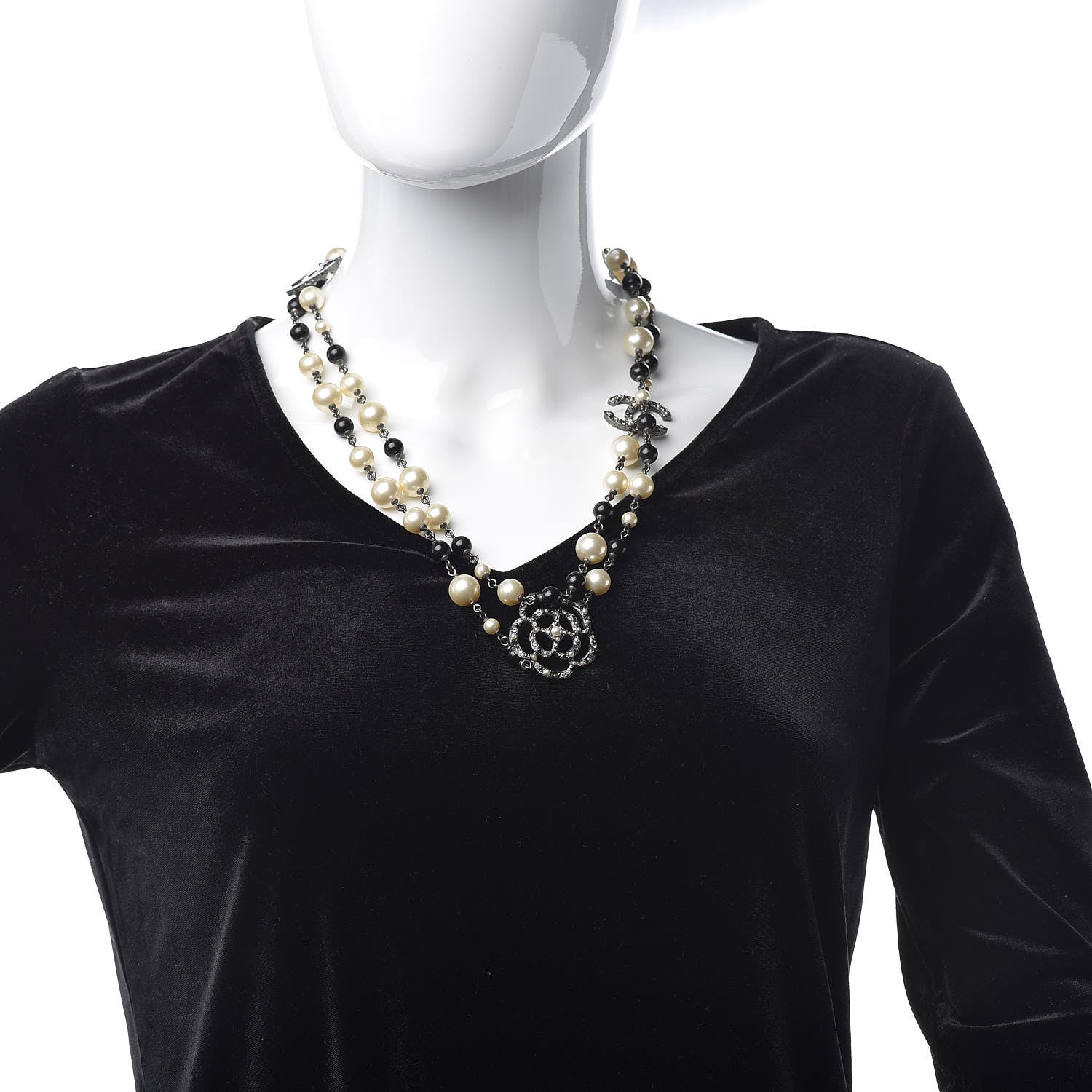 Chanel Pearl Crystal Camellia CC Long Necklace Silver 2 of 5