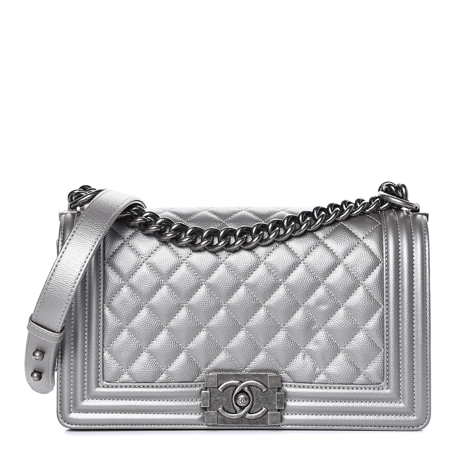 Metallic Caviar Quilted Medium Boy Flap Silver